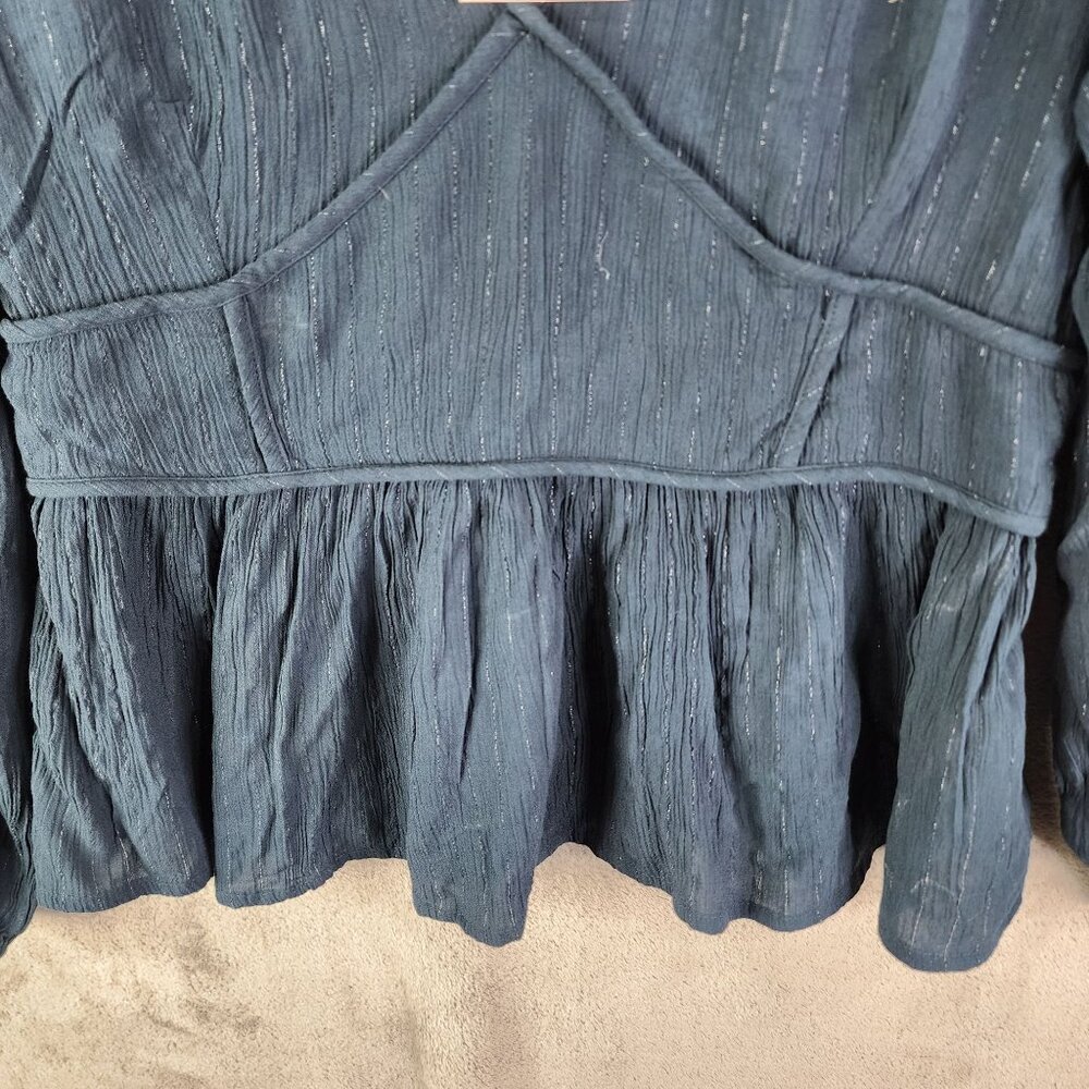 Womens Knox Rose Blue Peplum Top Blouse Long Sleeve V Neck gathered waist XL - Picture 3 of 13